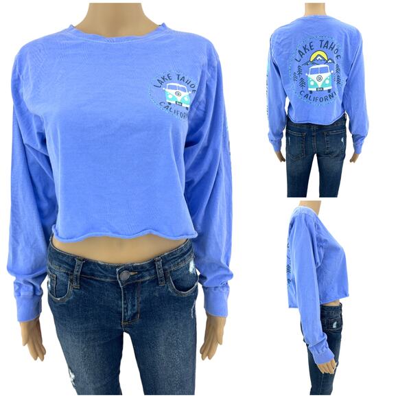 Blue 84 SMALL Blue Lake Tahoe California Long Sleeve Crop Tee Shirt T-Shirt - Picture 1 of 14